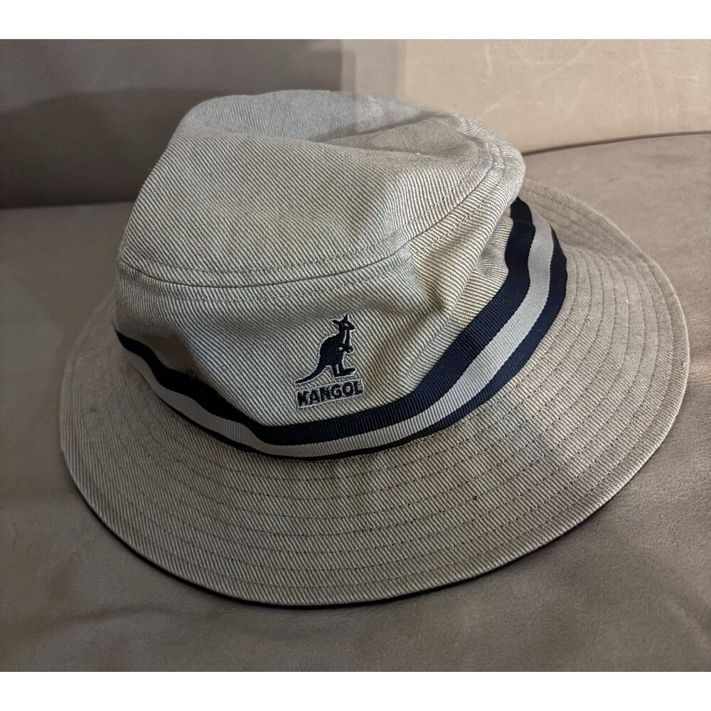 Kangol Stripe Lahinch Bucket Hat Beige Tan Navy Medium Unisex Cotton Logo